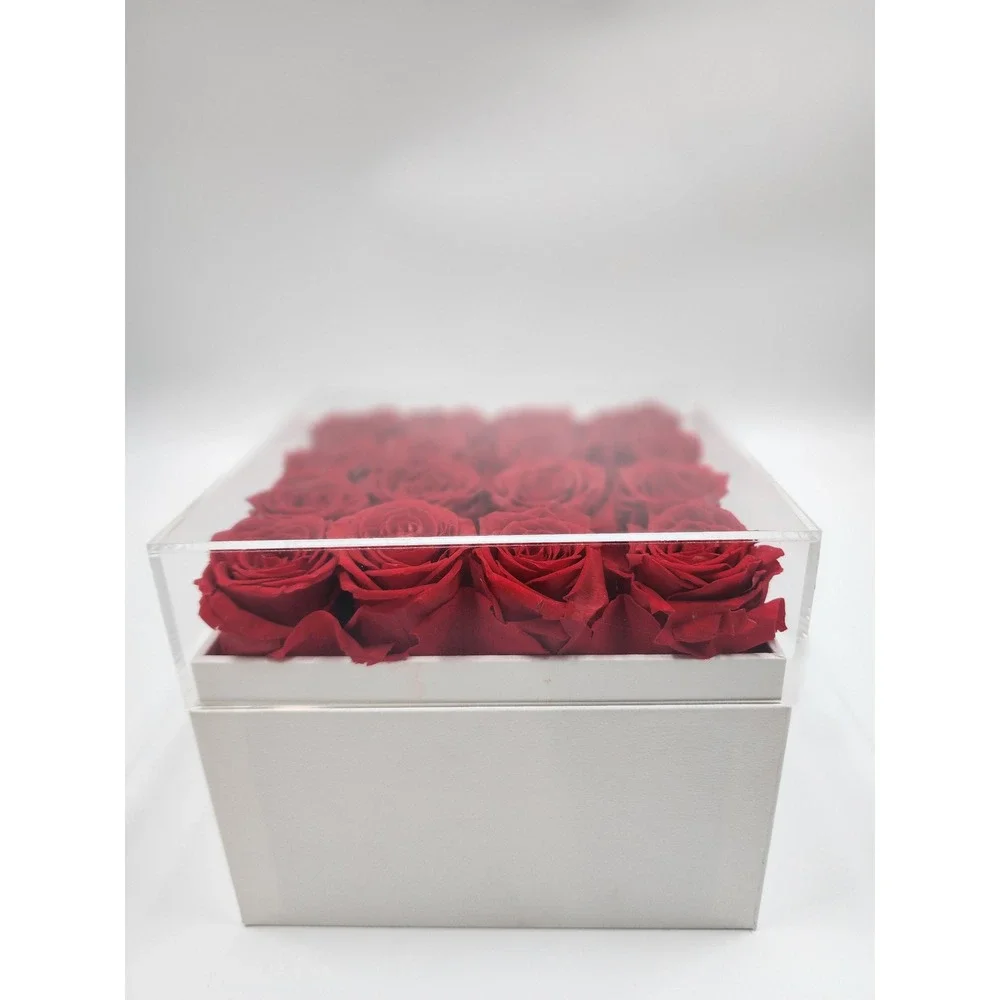 Eterfield Rose Preserved Red Roses in White Square Box with Acrylic Lid 16 Count